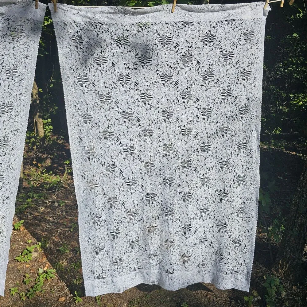 Pair Of Romantic White Floral Lace Curtain Panels - Cottagecore, Country 40x60